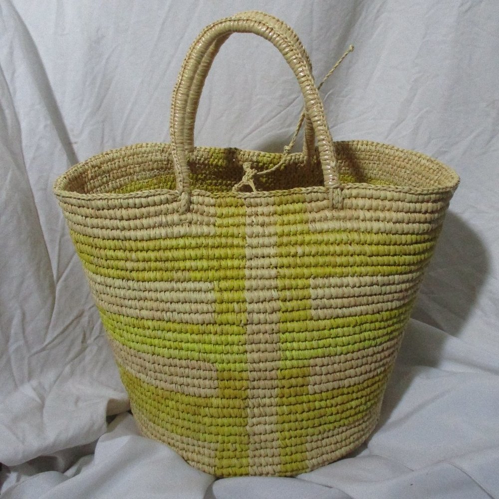 Chic Handwoven Tan and Green Tote